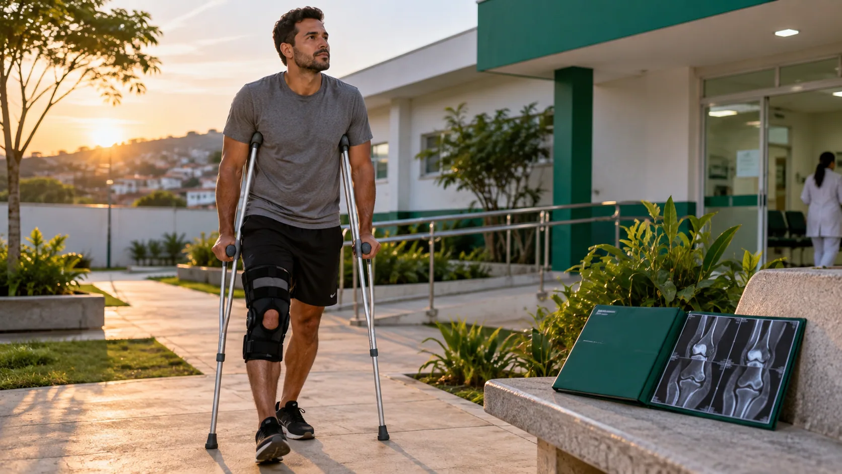 Cena editorial realista sobre Lesão do Ligamento Cruzado Anterior, produzida para o Garante Direito