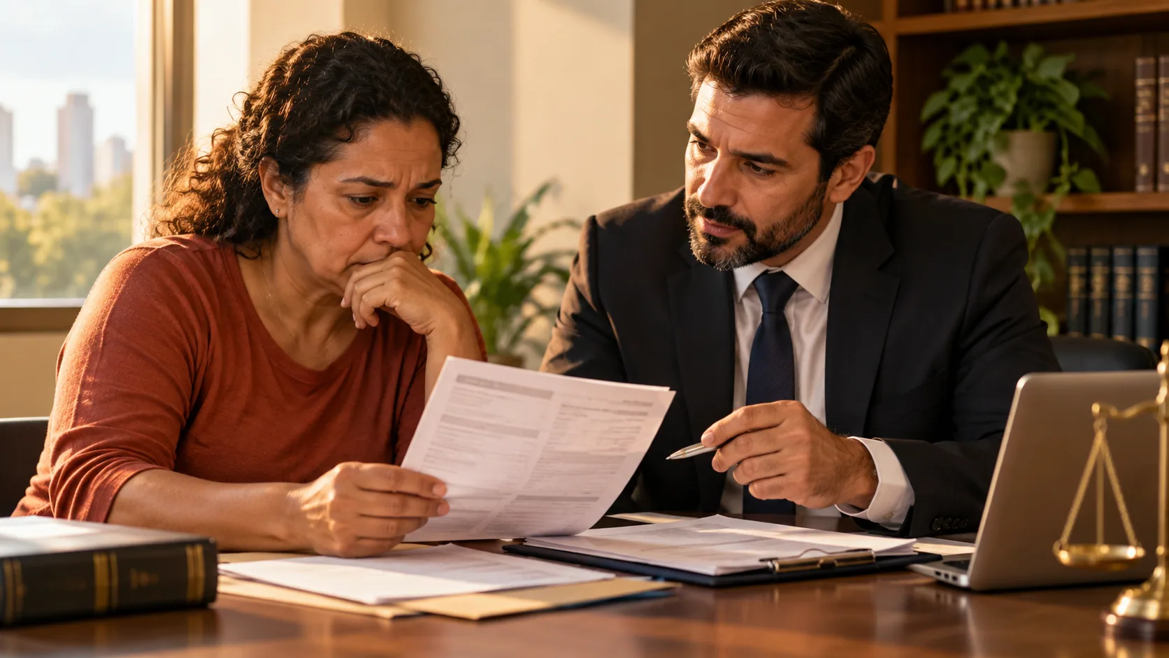 Pessoa adulta revisando aviso de cobrança com profissional jurídico, documentos sem texto legível