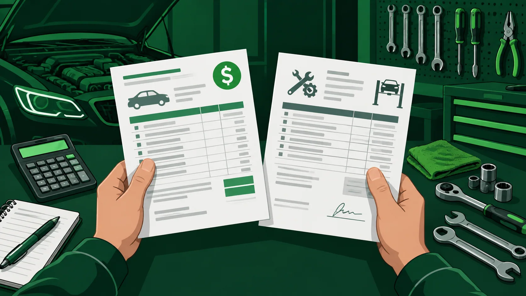 Mãos comparando orçamento de oficina com ordem de serviço ao lado de ferramentas automotivas