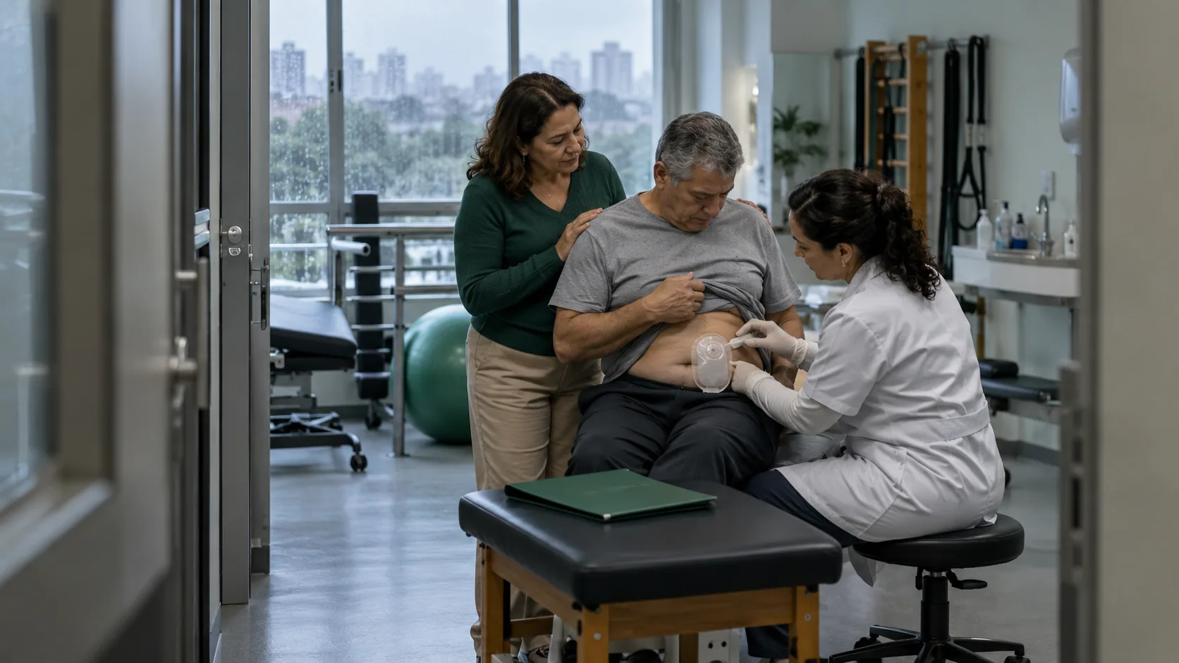 Cena editorial realista sobre Ostomia Definitiva com complicações, produzida para o Garante Direito