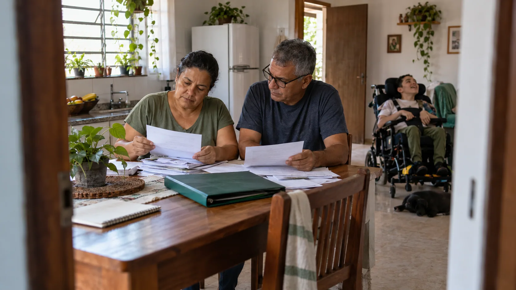 Cena editorial realista sobre Paralisia cerebral e necessidade de apoio, produzida para o Garante Direito