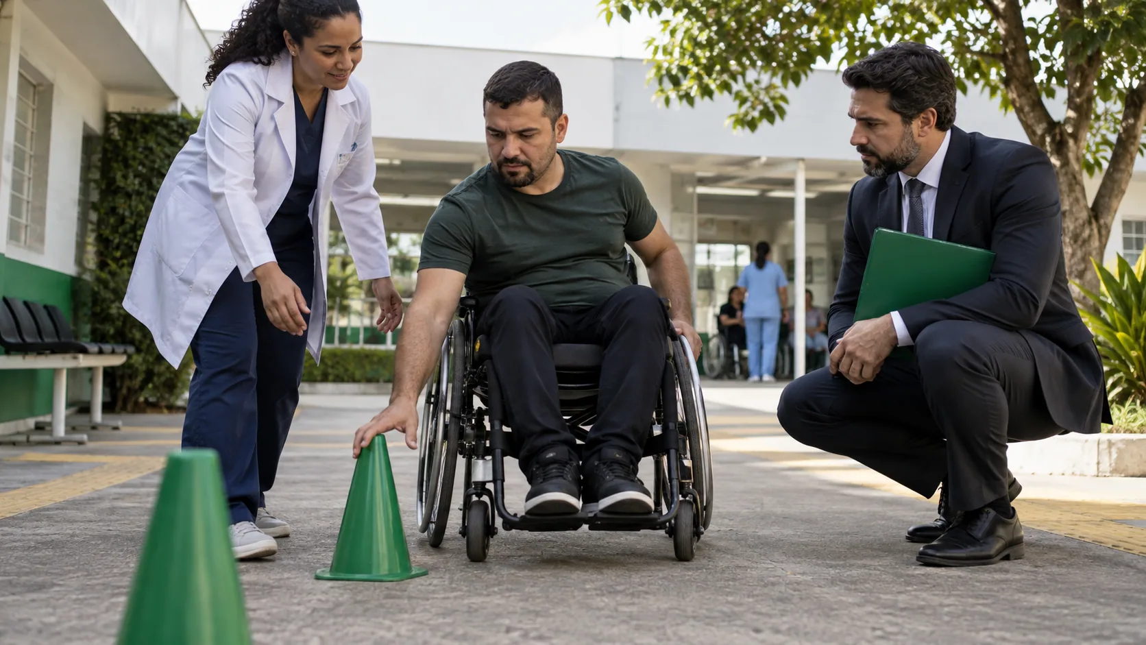 Cena editorial realista sobre Paraplegia após acidente, produzida para o Garante Direito
