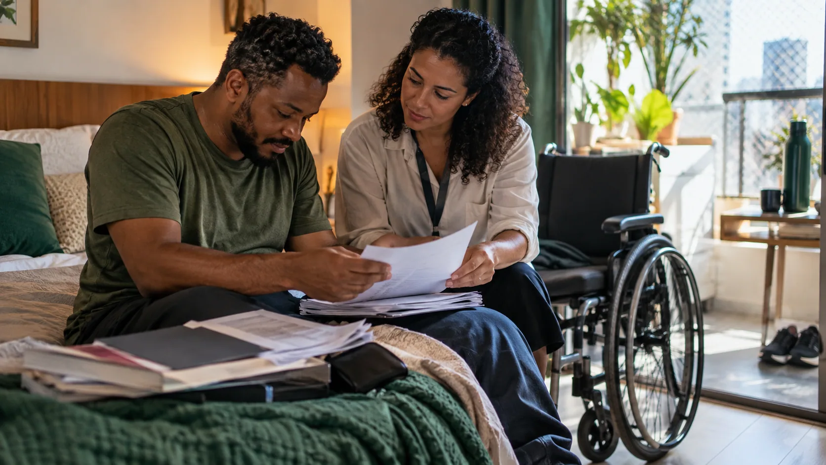 Cena editorial realista sobre Paraplegia e custos de acessibilidade, produzida para o Garante Direito