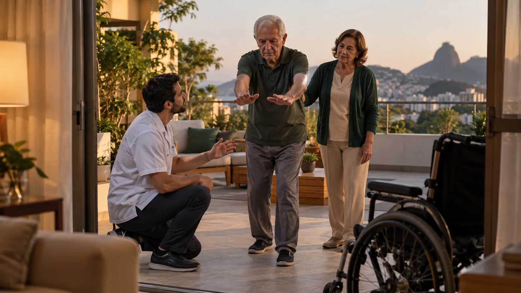 Cena editorial realista sobre Parkinson em fase inicial descompensada, produzida para o Garante Direito
