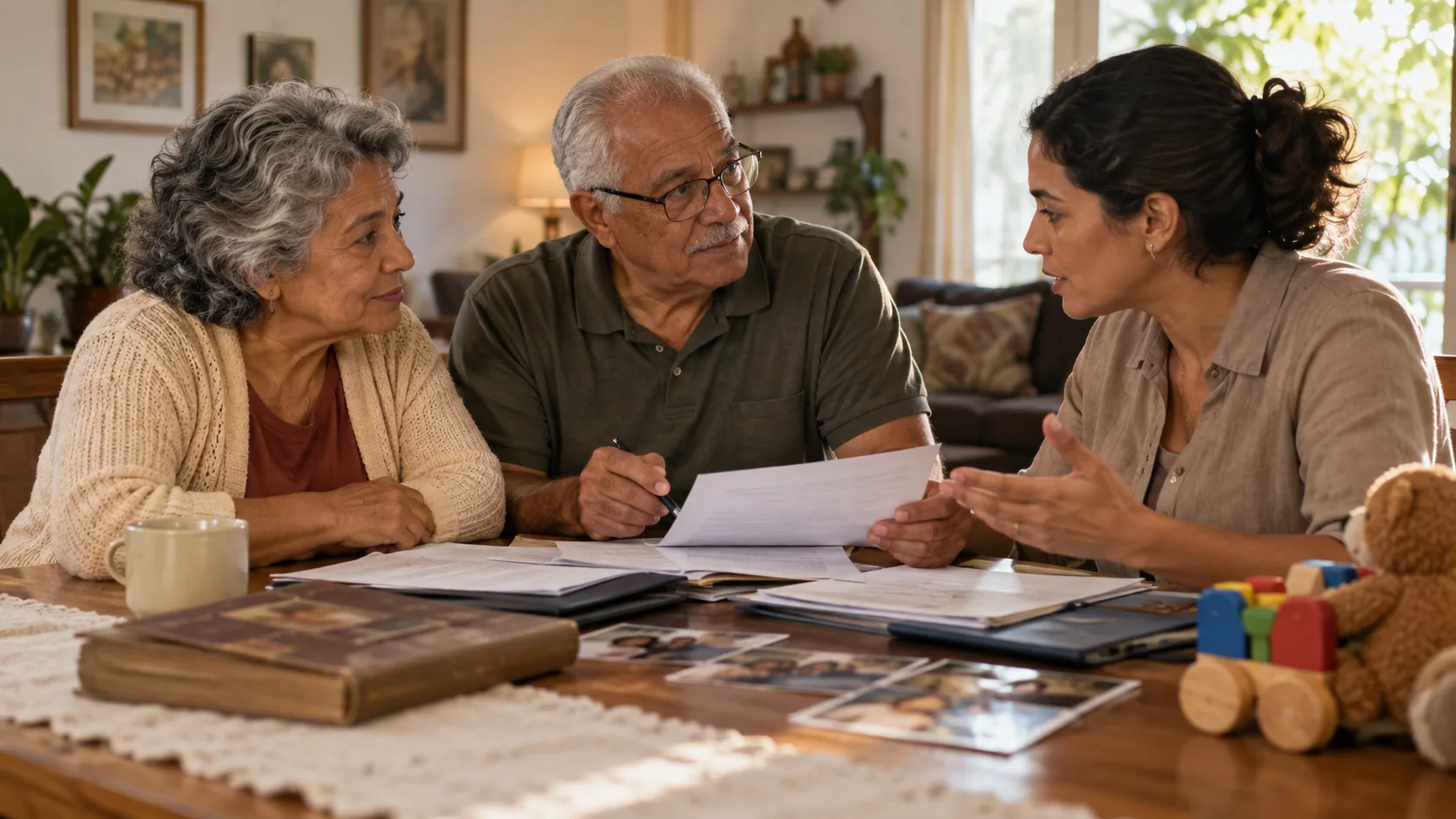 Avós e responsável por criança conversando com documentos familiares sobre uma mesa