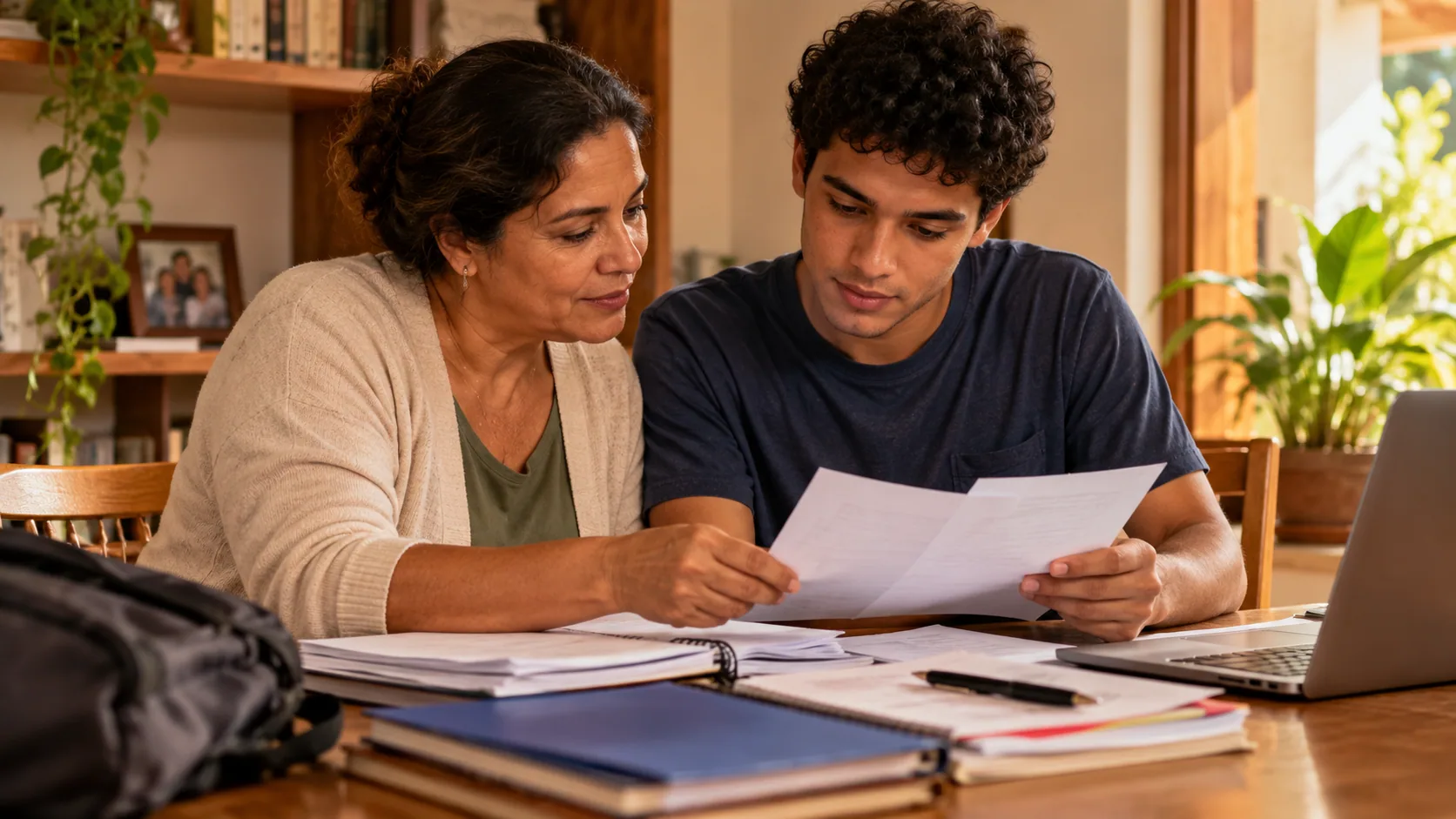 Mãe e filho jovem adulto organizando documentos de estudo com postura respeitosa