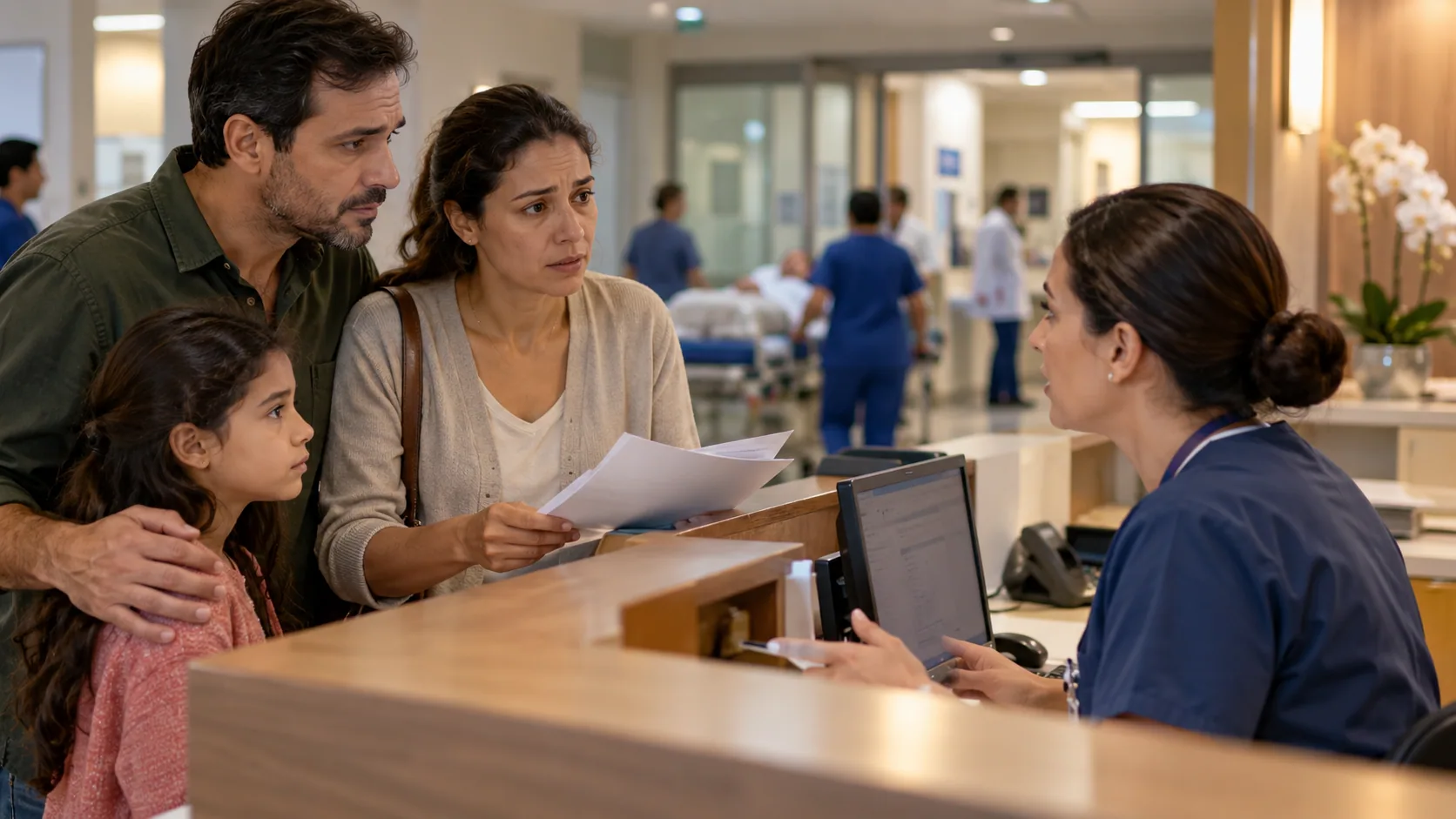Família em recepção hospitalar conversando com atendente e segurando documentos médicos