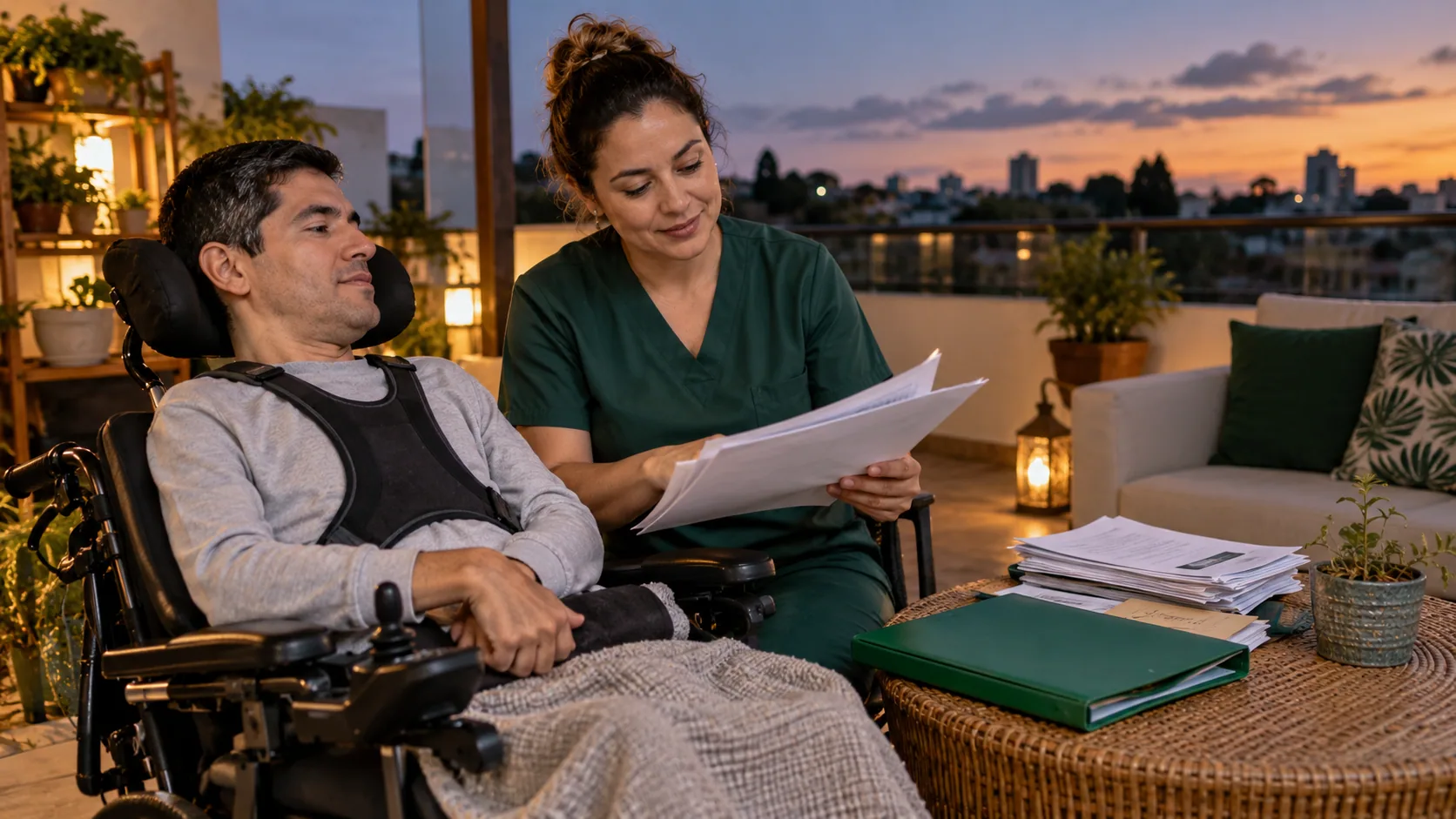 Cena editorial realista sobre Tetraplegia e cuidado permanente, produzida para o Garante Direito