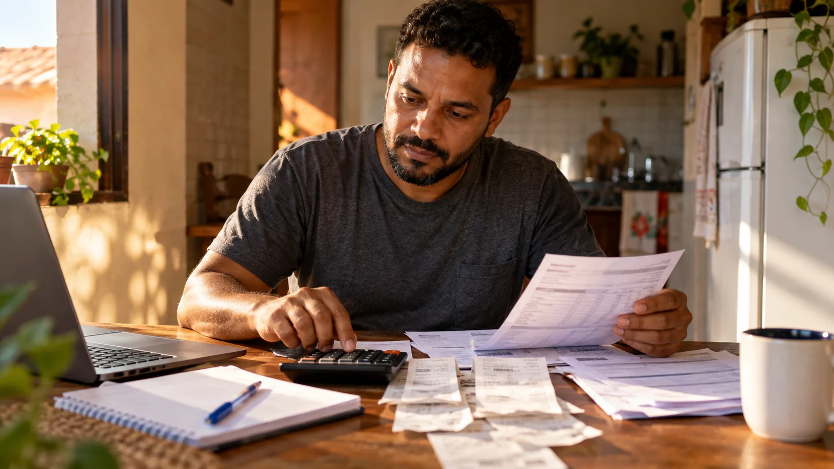 Trabalhador adulto organizando contas domésticas e comprovantes de salário à mesa
