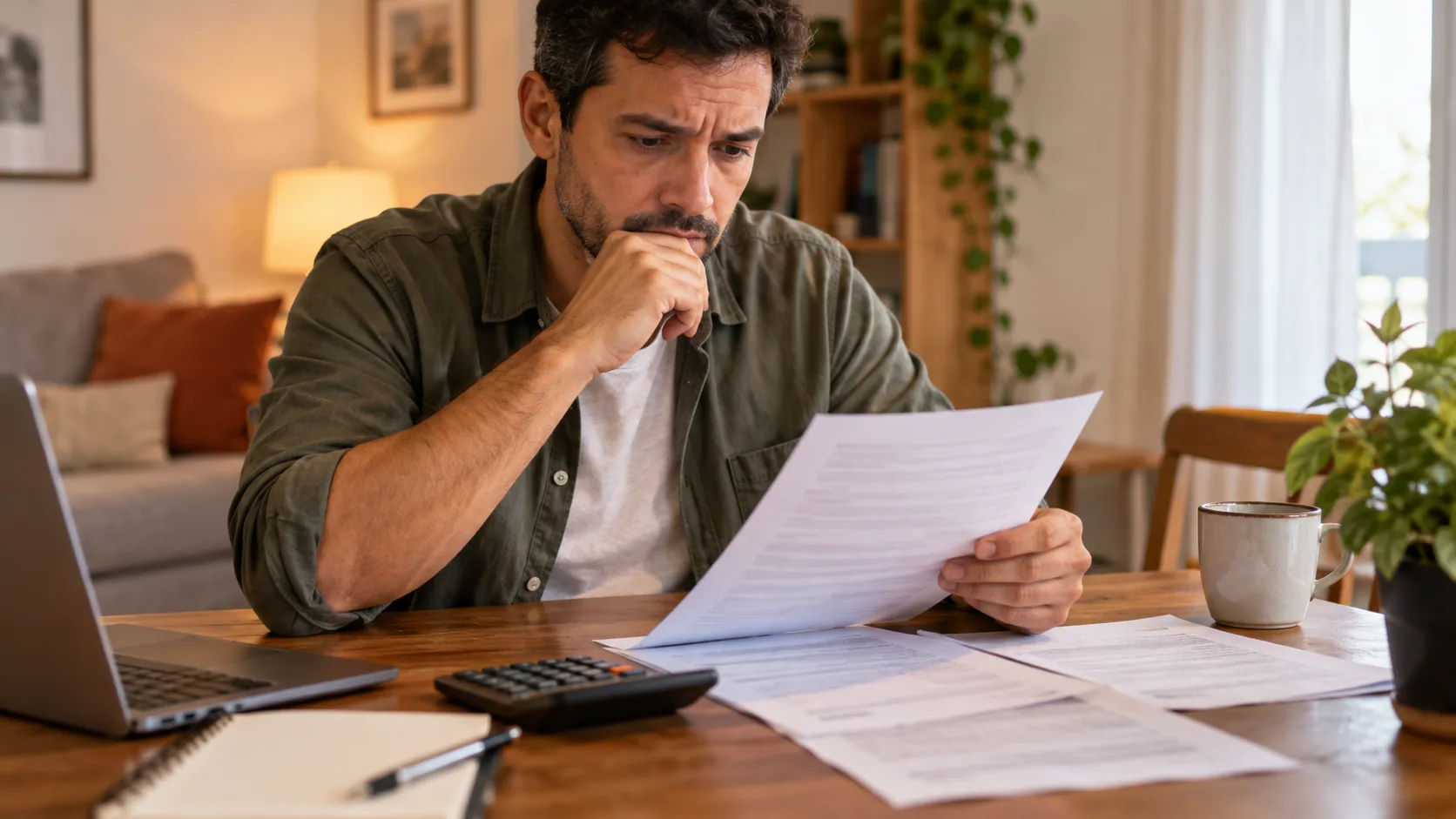 Consumidor analisando contrato bancário e cobranças adicionais em ambiente doméstico