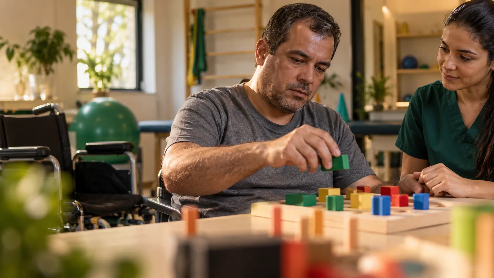 Cena editorial realista sobre Traumatismo Cranioencefálico com sequelas, produzida para o Garante Direito