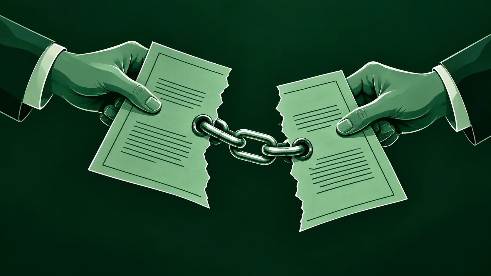 Mãos separando duas peças de contrato unidas por corrente conceitual