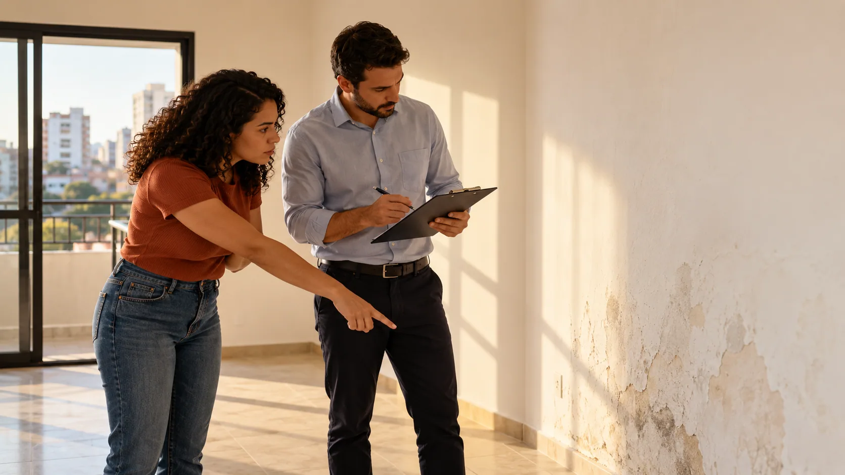 Inquilina e profissional vistoriando parede de apartamento vazio com prancheta
